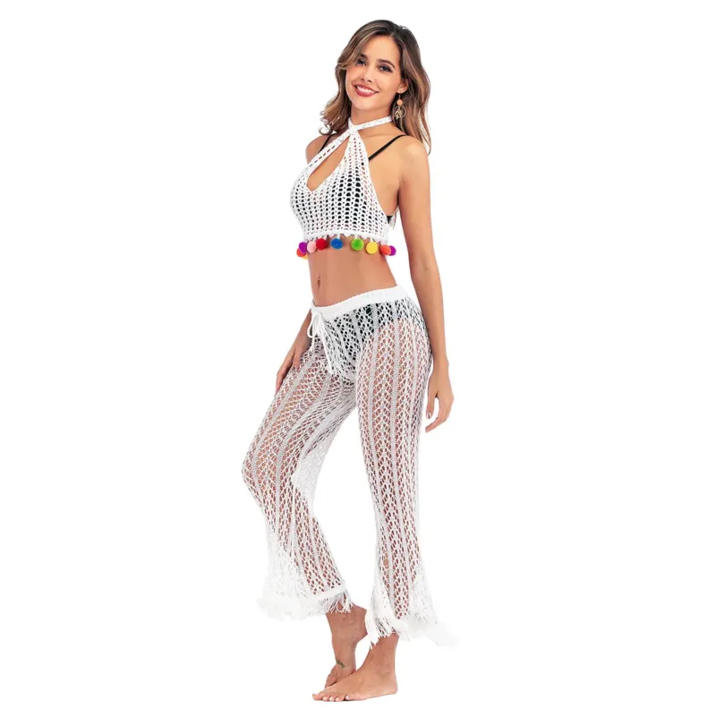 Damen Häkelstrickhose mit fransigen Säumen und hohem Bund – Mavelle