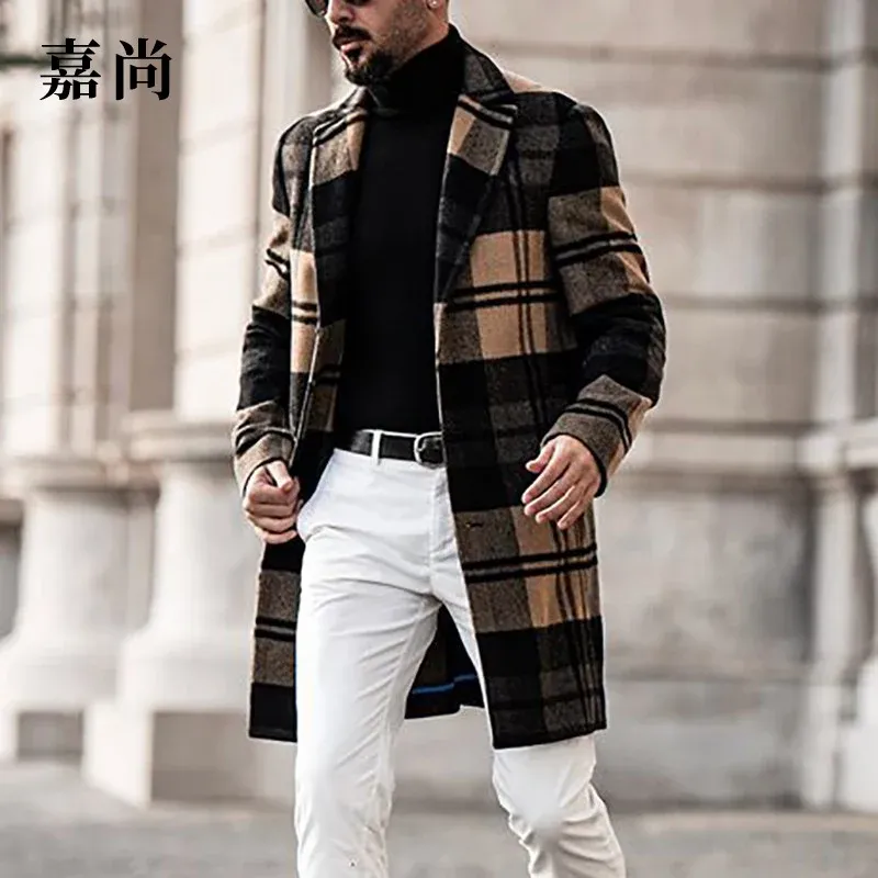 Herren Langer karierter Wollmix-Mantel mit Reverskragen und schlanker Silhouette – Montevé