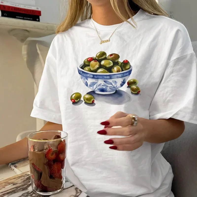 Damen T-Shirt mit kreativem Olivenmotiv – Orélia