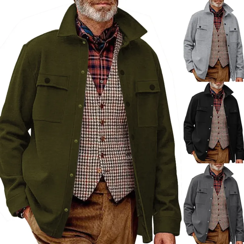 Herren Wollmix-Überhemdjacke mit Pattentaschen verdeckter Druckknopfleiste und Hemdkragen – Taviero