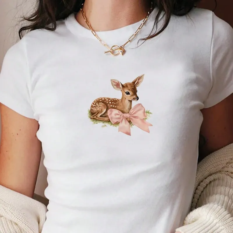 Damen Crop-T-Shirt mit bezauberndem Reh-Motiv und zartem Schleifendetail – Orélia