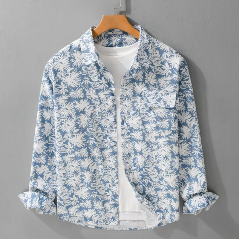 Damen Leichtes Blumenprint-Overshirt aus Leinen-Baumwollmix mit Kentkragen und Brusttasche Echoarchiv