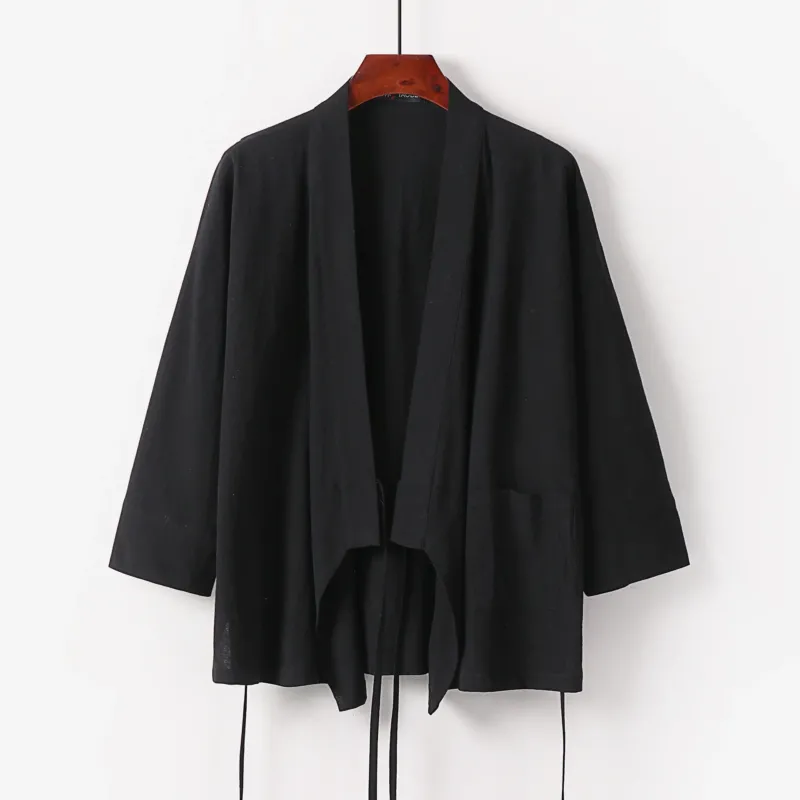 Damen Kimono-Cardigan aus Baumwoll-Leinen mit dreiviertelärmeln Bindegürtel und aufgesetzten Taschen Echoarchiv